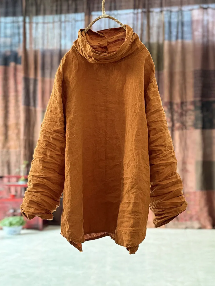 Women Vintage Autumn Solid Turtleneck Linen Shirt
