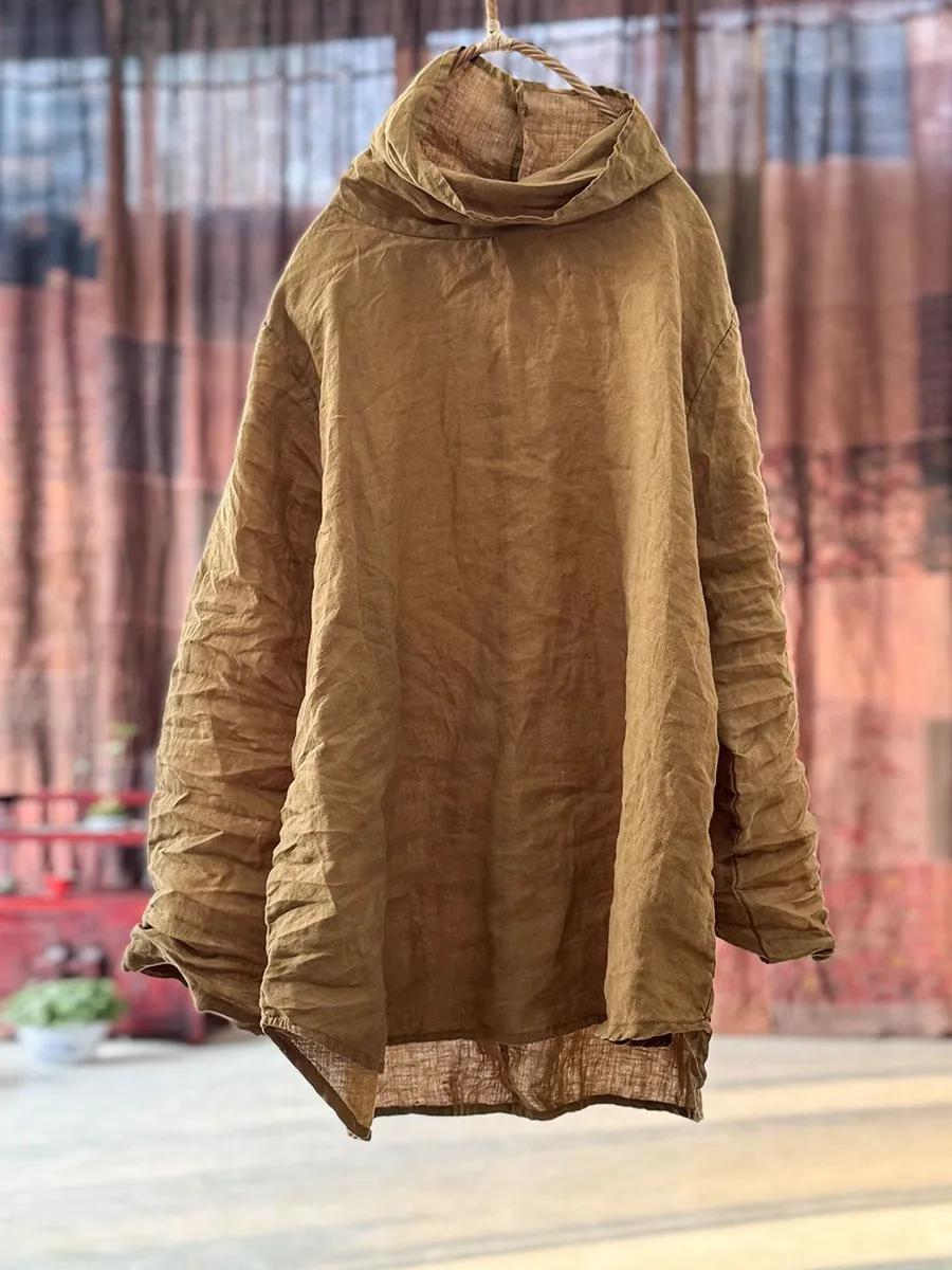 Women Vintage Autumn Solid Turtleneck Linen Shirt
