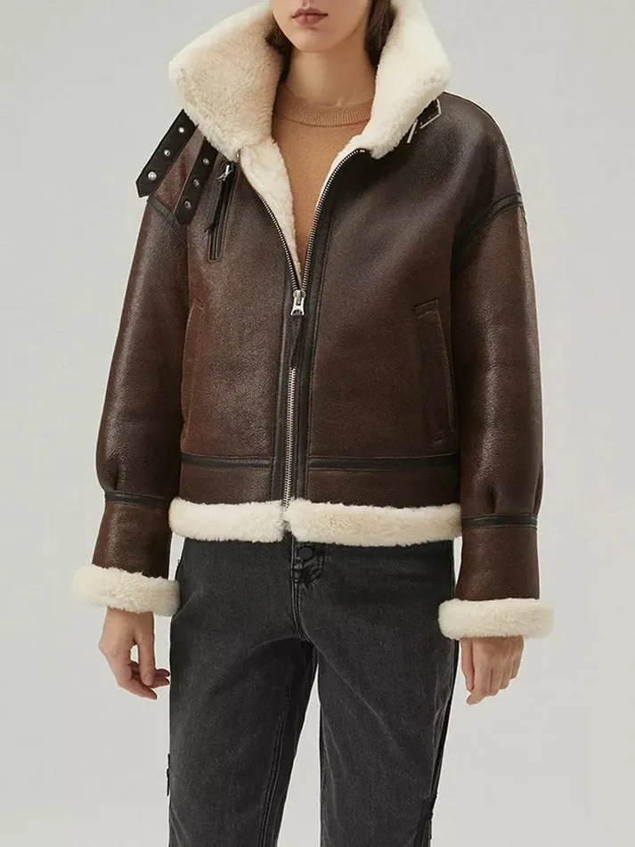 Women's B3 Sheepskin Leather Jacket In Coffee Brown With Strapped Collar