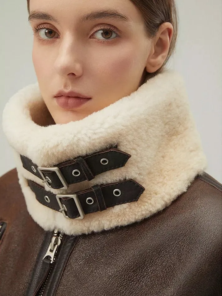 Women's B3 Sheepskin Leather Jacket In Coffee Brown With Strapped Collar