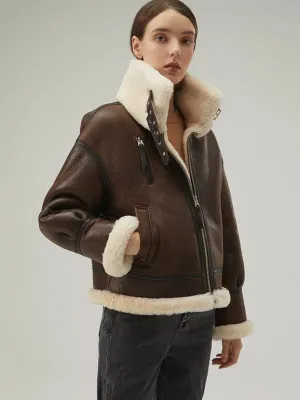 Women's B3 Sheepskin Leather Jacket In Coffee Brown With Strapped Collar