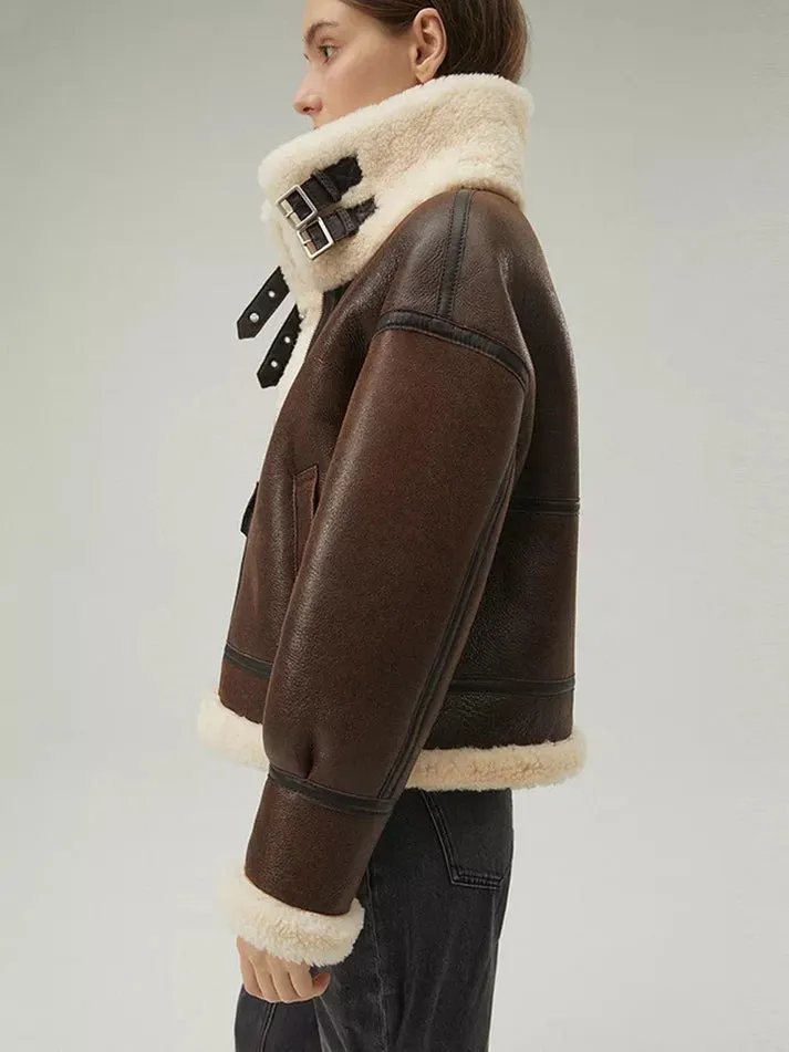 Women's B3 Sheepskin Leather Jacket In Coffee Brown With Strapped Collar