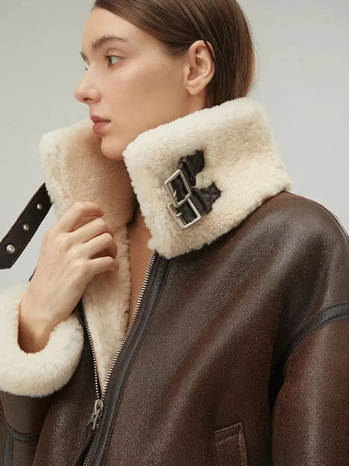 Women's B3 Sheepskin Leather Jacket In Coffee Brown With Strapped Collar