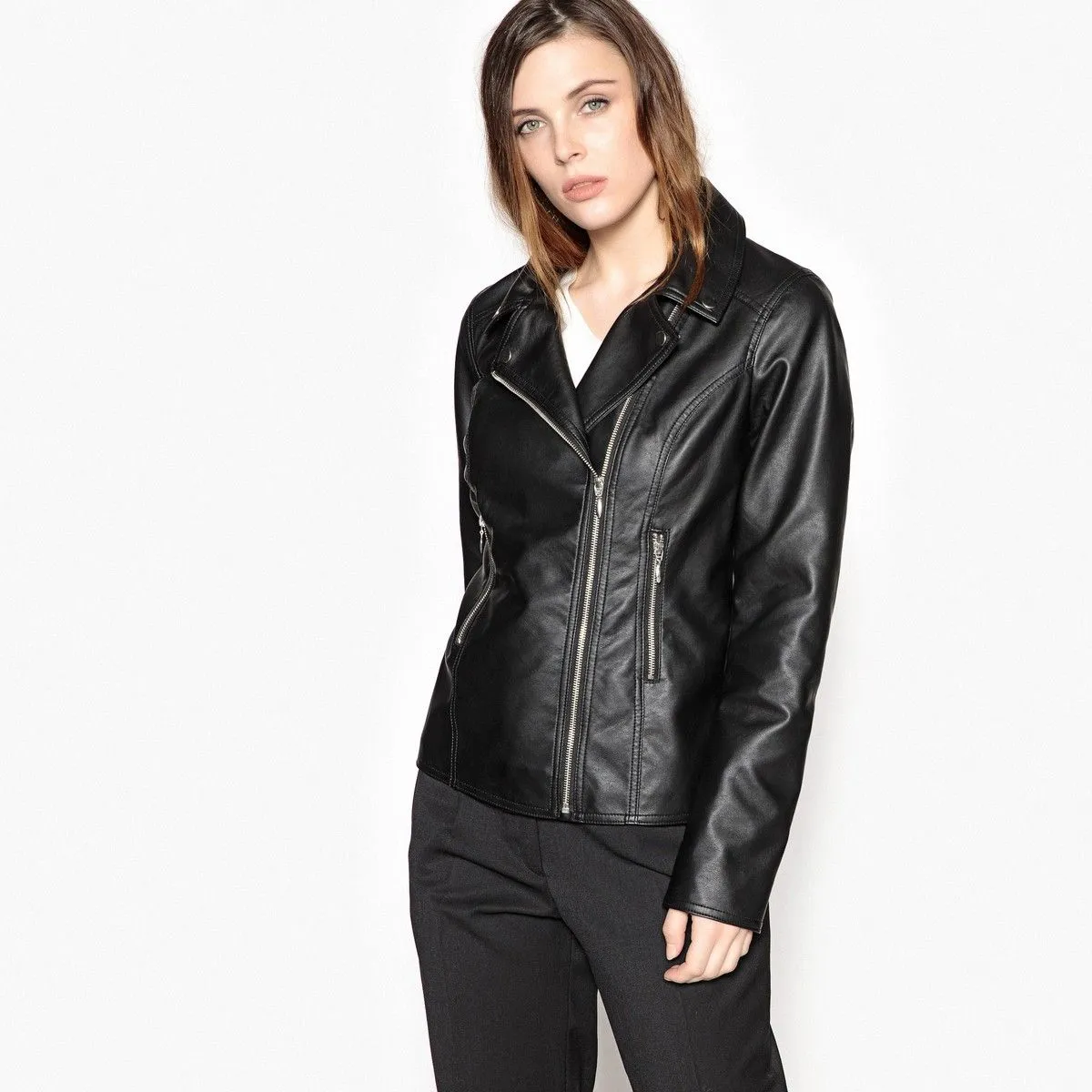 Women's Biker Style V-Neck Leather Jacket