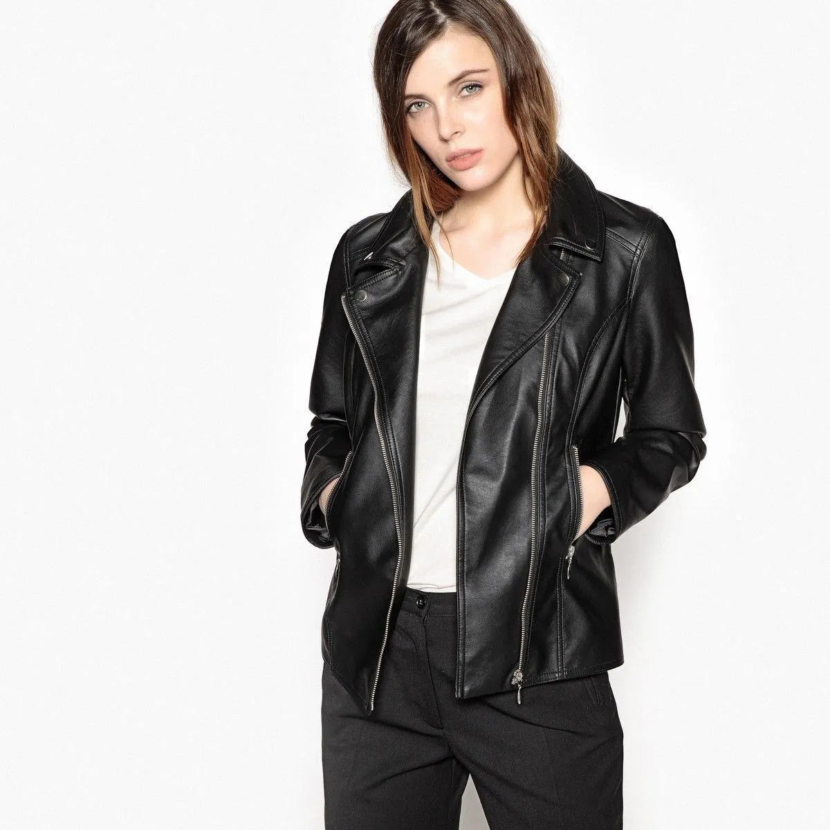 Women's Biker Style V-Neck Leather Jacket