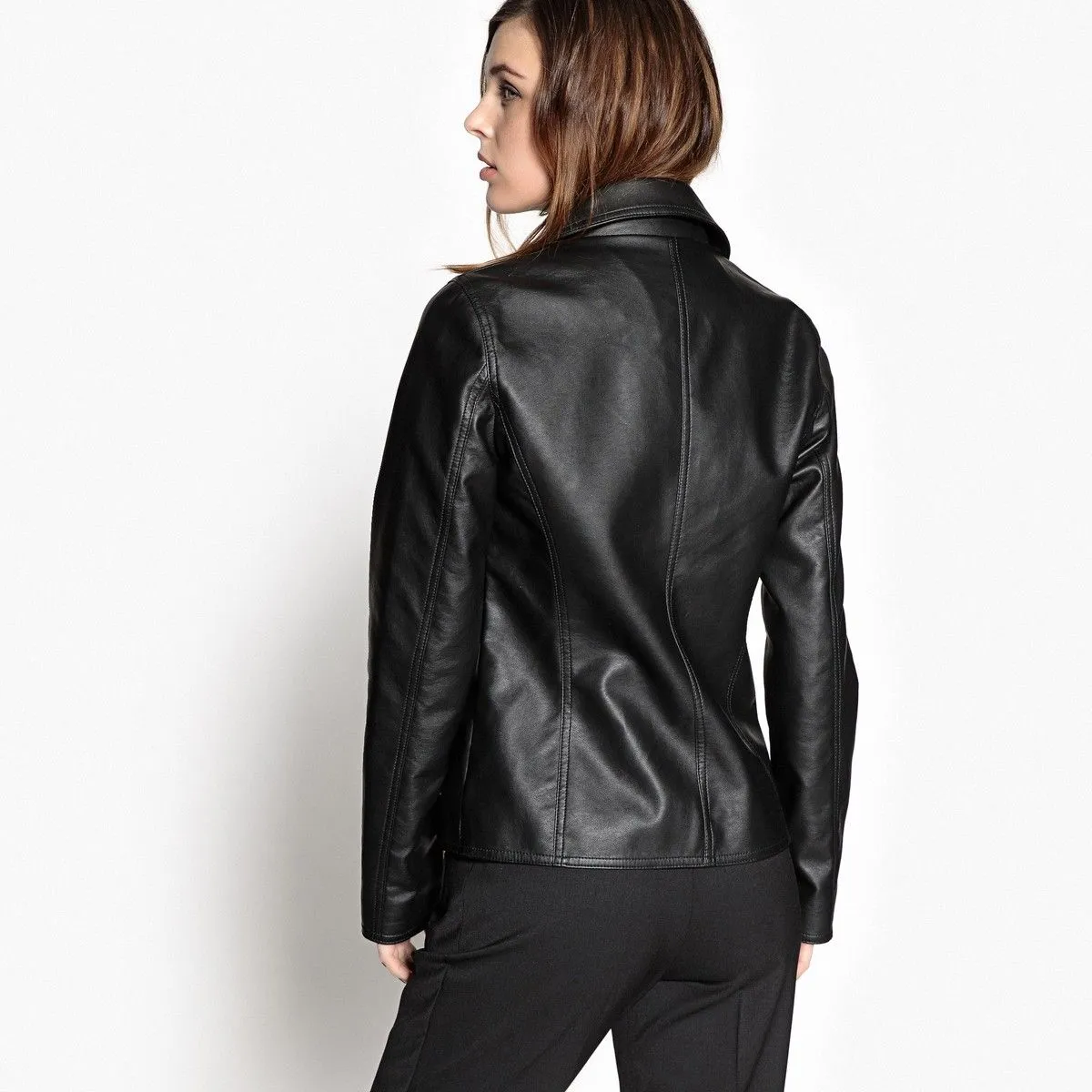 Women's Biker Style V-Neck Leather Jacket