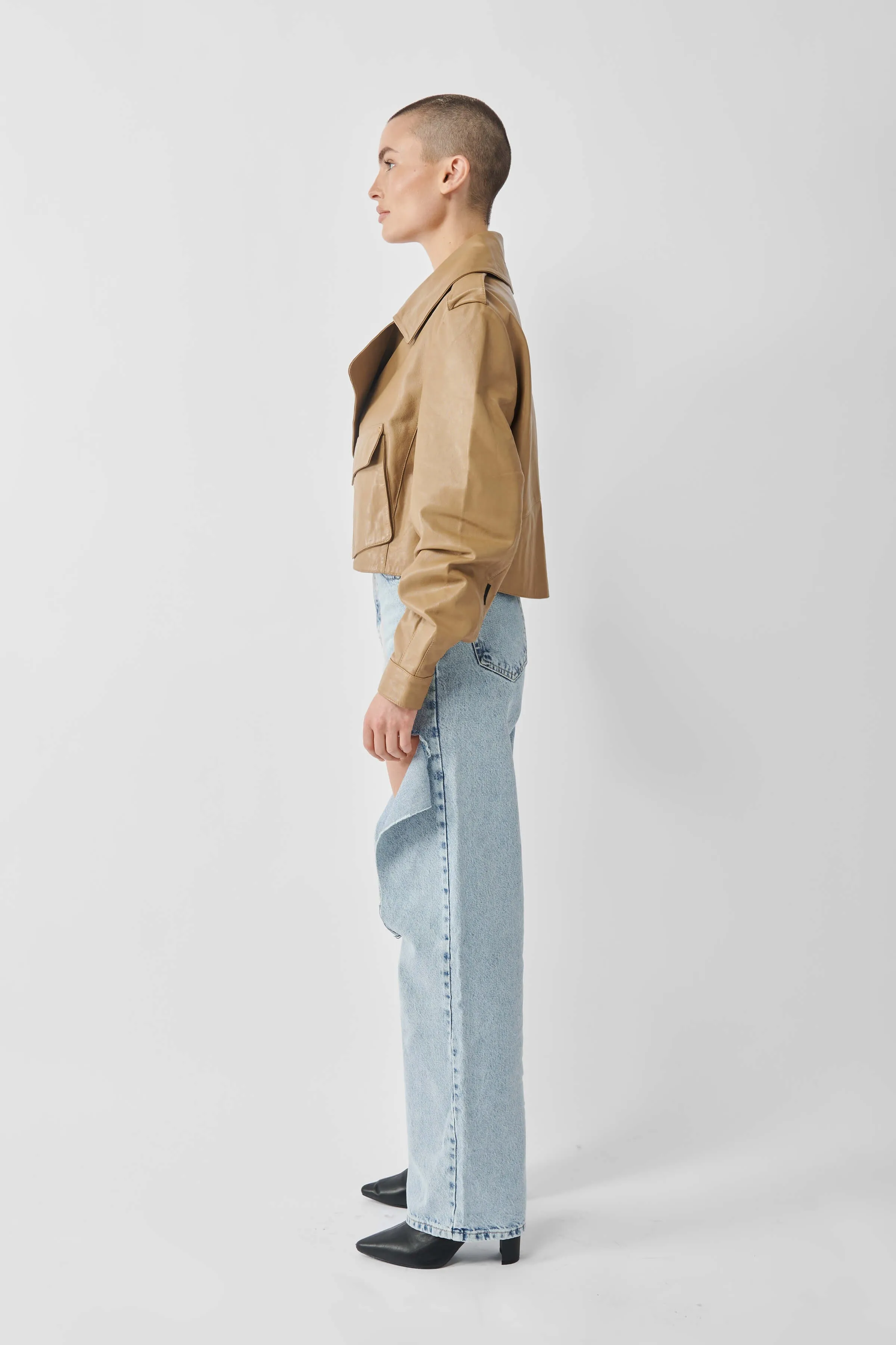 Women's Brown Cropped Leather Biker Jacket