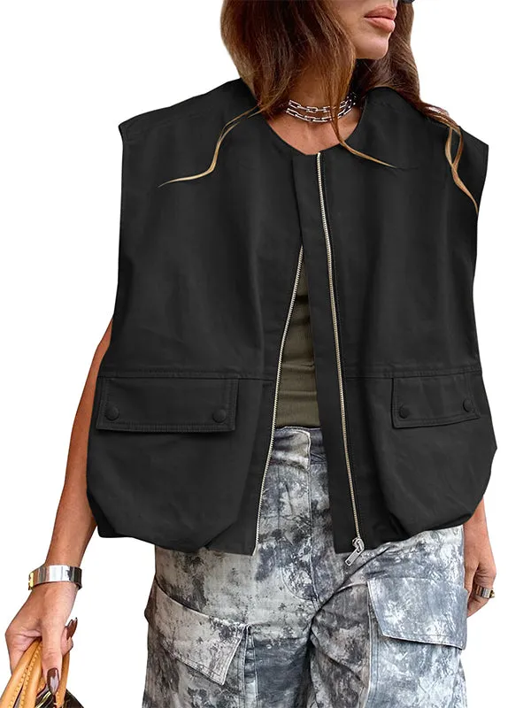 Women's Casual Zip Up Vest Cargo Oversized Jackets