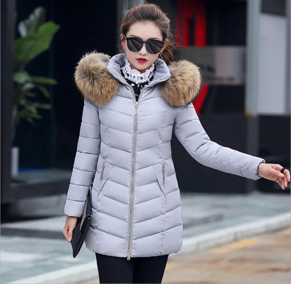 Women's Down Jacket Winter Woman Korean Style Long Zipper Slim Coats Big Fur Collar Hooded Padded Parka Jacket Female