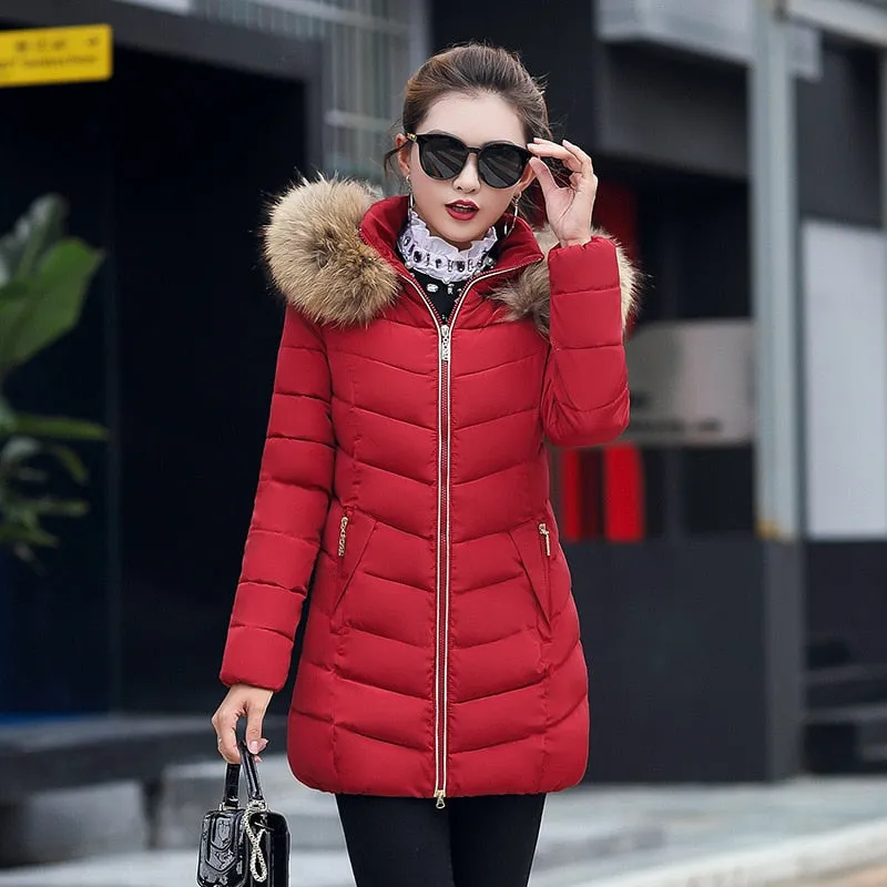 Women's Down Jacket Winter Woman Korean Style Long Zipper Slim Coats Big Fur Collar Hooded Padded Parka Jacket Female