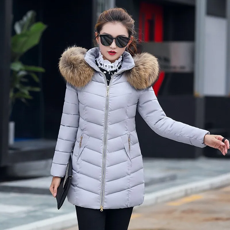 Women's Down Jacket Winter Woman Korean Style Long Zipper Slim Coats Big Fur Collar Hooded Padded Parka Jacket Female
