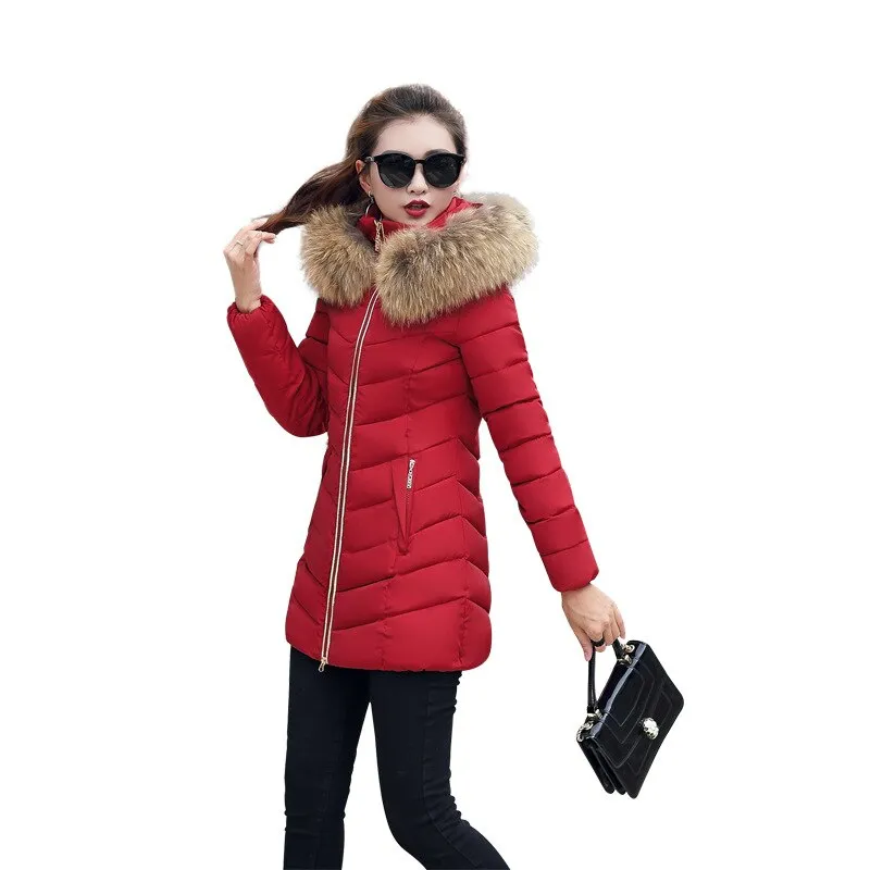 Women's Down Jacket Winter Woman Korean Style Long Zipper Slim Coats Big Fur Collar Hooded Padded Parka Jacket Female