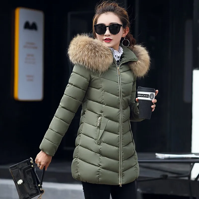 Women's Down Jacket Winter Woman Korean Style Long Zipper Slim Coats Big Fur Collar Hooded Padded Parka Jacket Female