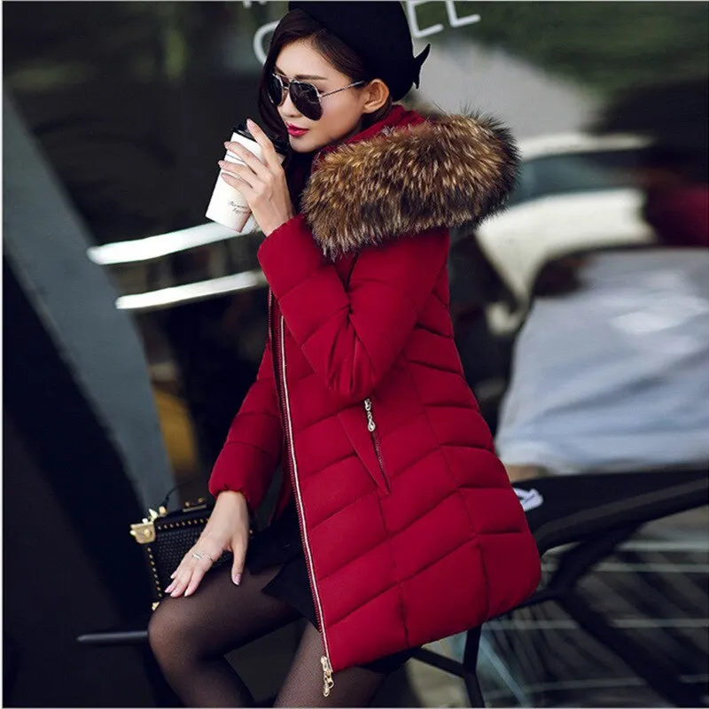 Women's Down Jacket Winter Woman Korean Style Long Zipper Slim Coats Big Fur Collar Hooded Padded Parka Jacket Female