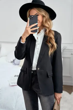 Women's Elegant Black Lapel Collar Button Pocket Office Blazer