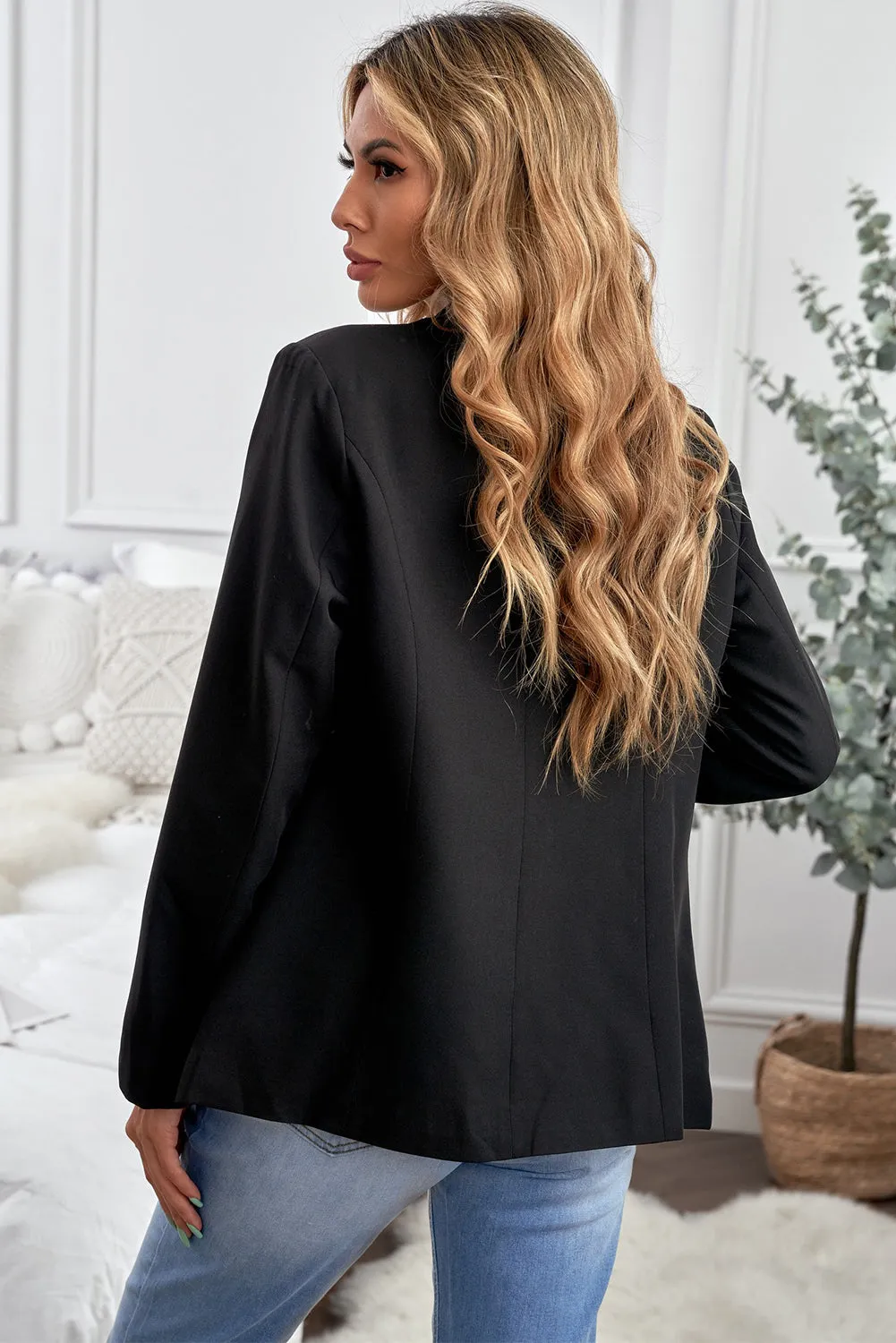Women's Elegant Black Lapel Collar Button Pocket Office Blazer