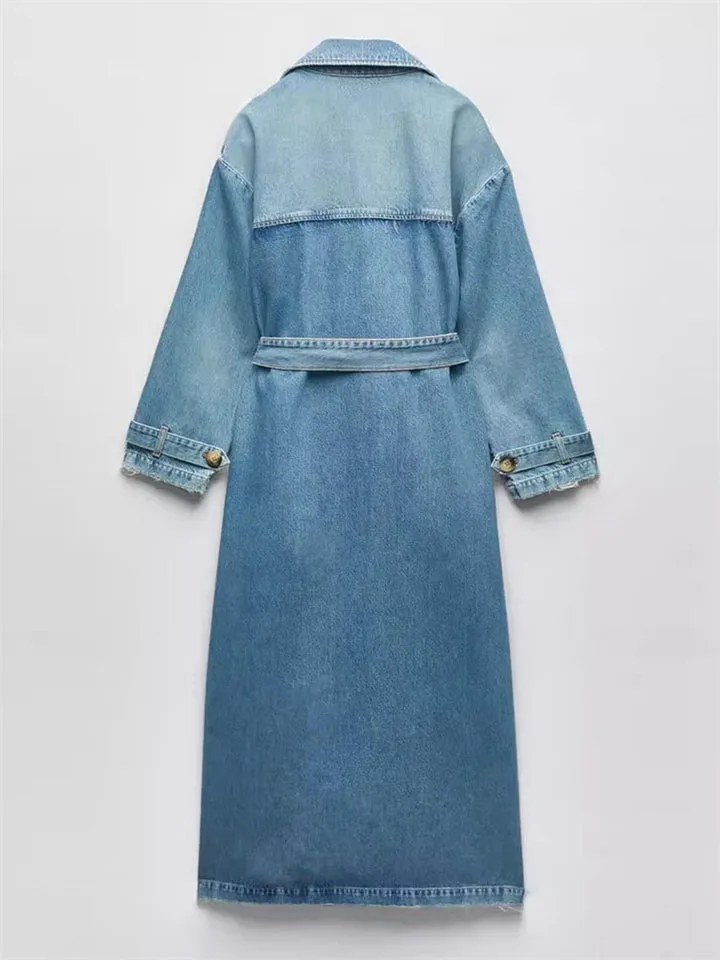 Women's Fashion Double Breasted Denim Trench Coat with Belt