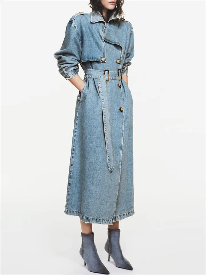 Women's Fashion Double Breasted Denim Trench Coat with Belt
