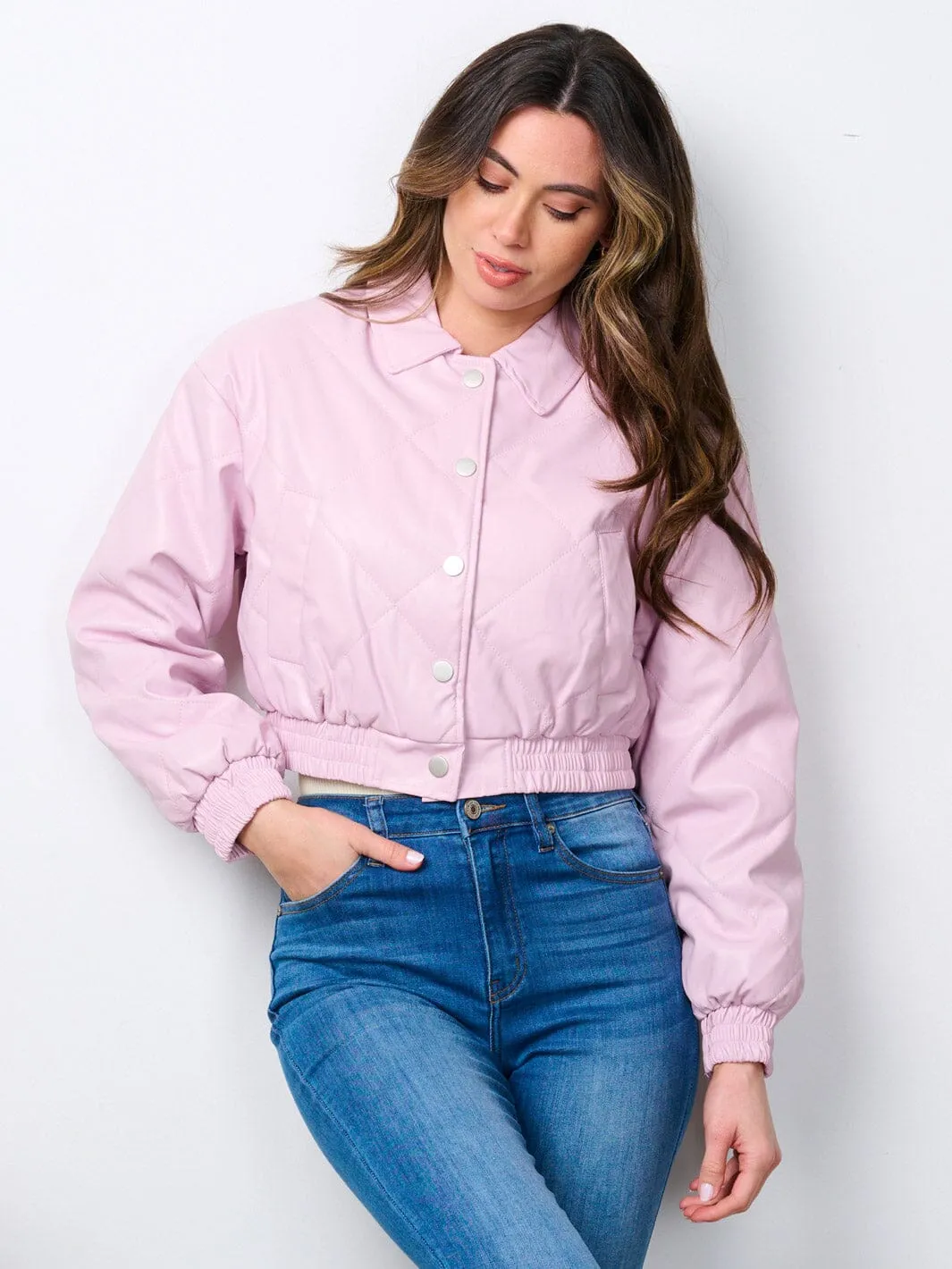 WOMEN'S LONG SLEEVE BUTTON CLOSURE POCKETS PU PLEATHER JACKET