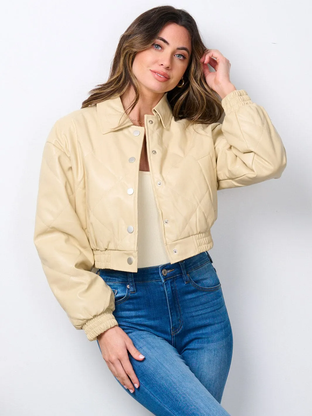 WOMEN'S LONG SLEEVE BUTTON CLOSURE POCKETS PU PLEATHER JACKET