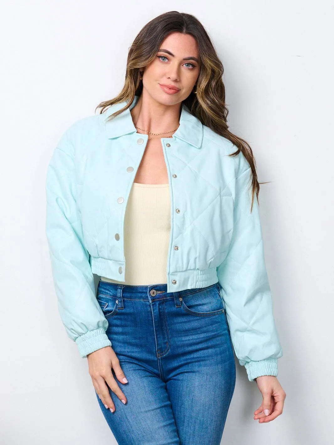 WOMEN'S LONG SLEEVE BUTTON CLOSURE POCKETS PU PLEATHER JACKET