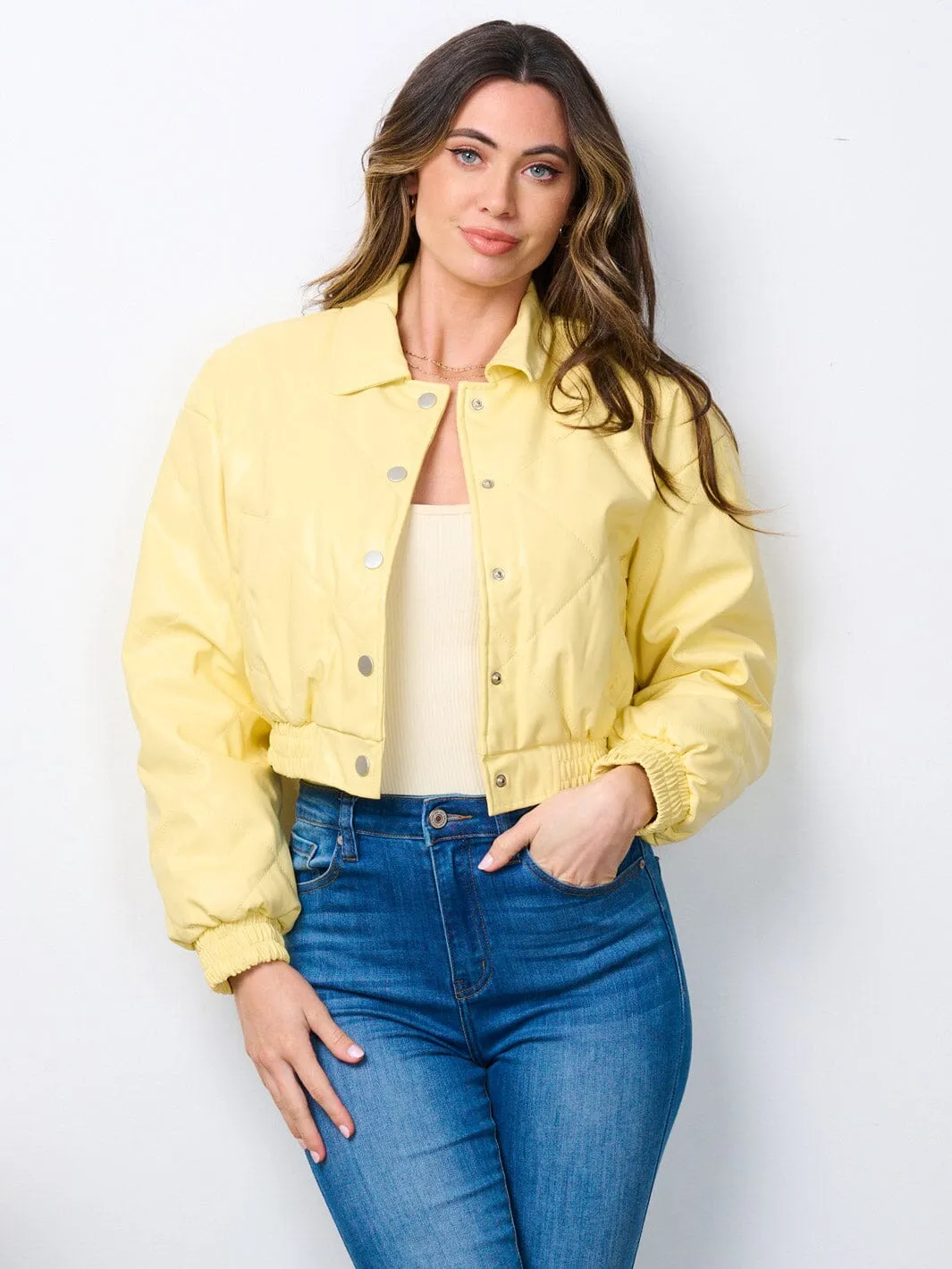 WOMEN'S LONG SLEEVE BUTTON CLOSURE POCKETS PU PLEATHER JACKET