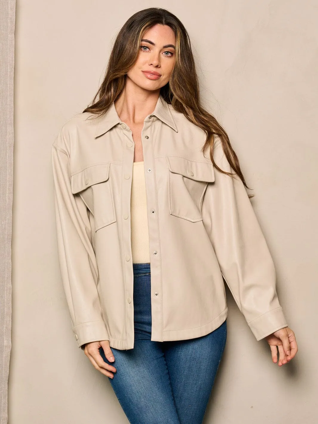 WOMEN'S LONG SLEEVE BUTTON CLOSURE PU PLEATHER JACKET