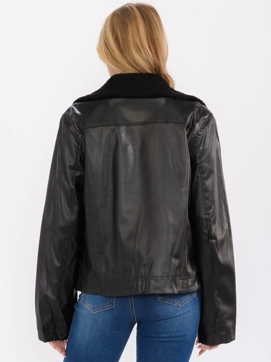 WOMEN'S LONG SLEEVE BUTTON UP FRONT POCKETS SHERPA PU PLEATHER JACKET