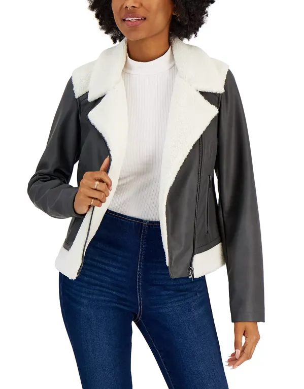 Women's Shearling Aviator Fur Leather Jacket In Gray
