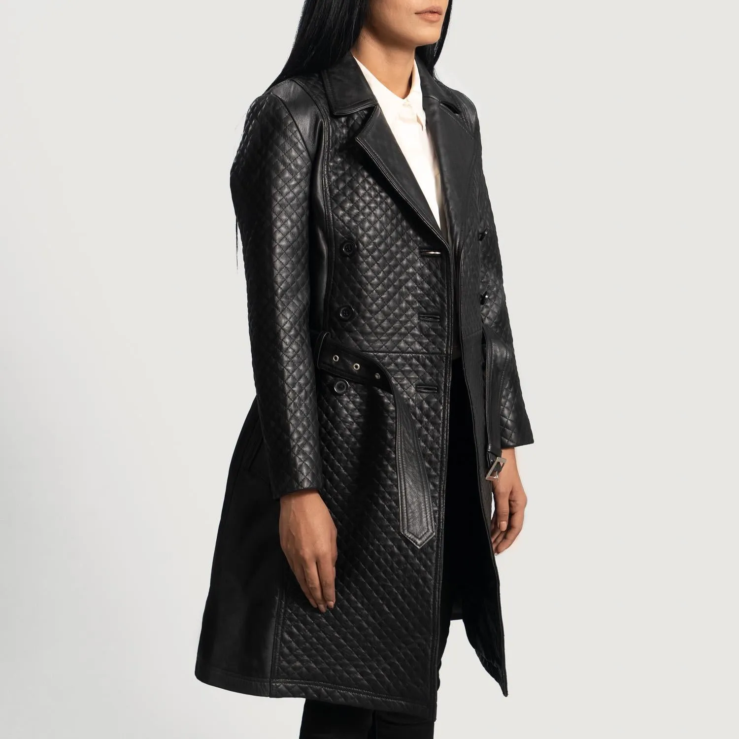 Women’s Sheep Leather Quilted Black Trench Coat, Handmade Double Breasted Long Outerwear Coat, Vintage Belted Leather Coat for Ladies