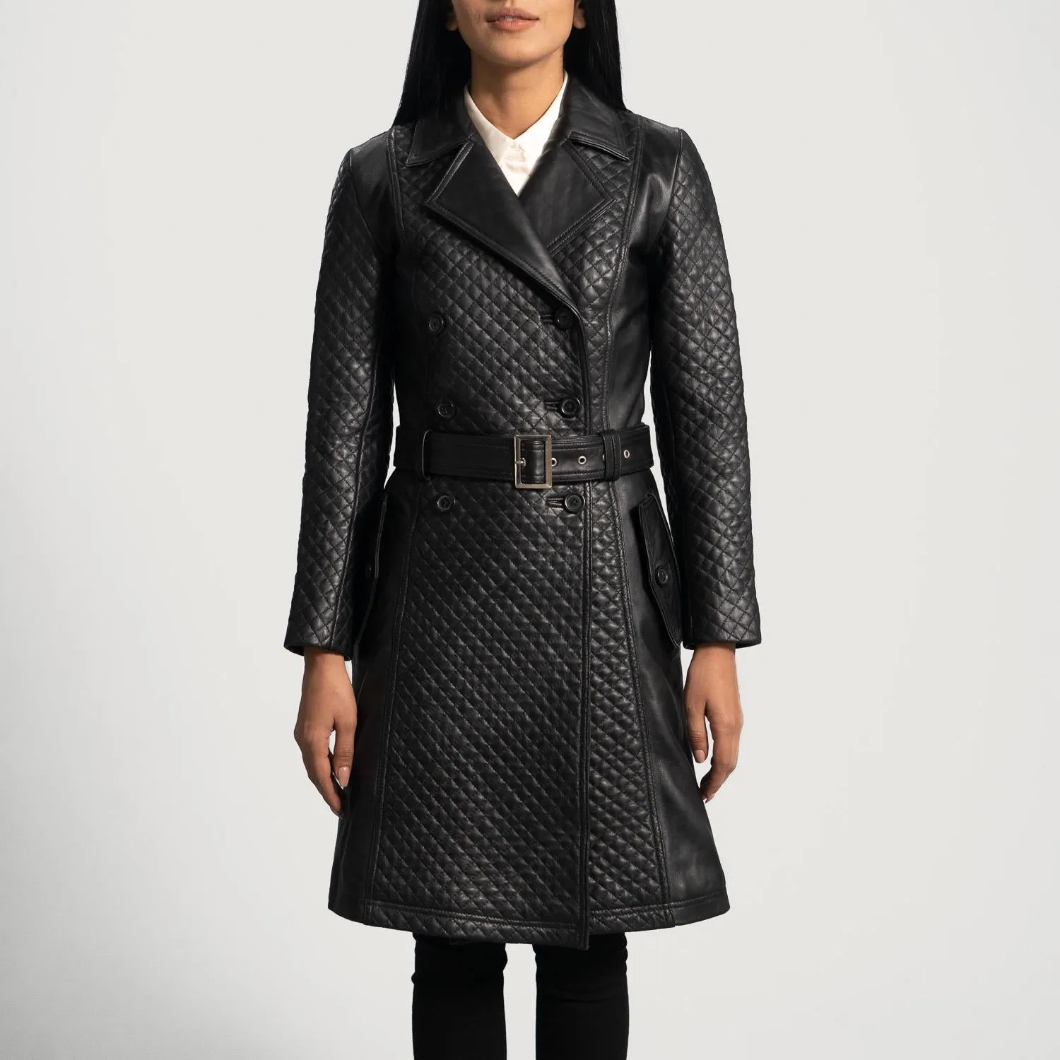 Women’s Sheep Leather Quilted Black Trench Coat, Handmade Double Breasted Long Outerwear Coat, Vintage Belted Leather Coat for Ladies