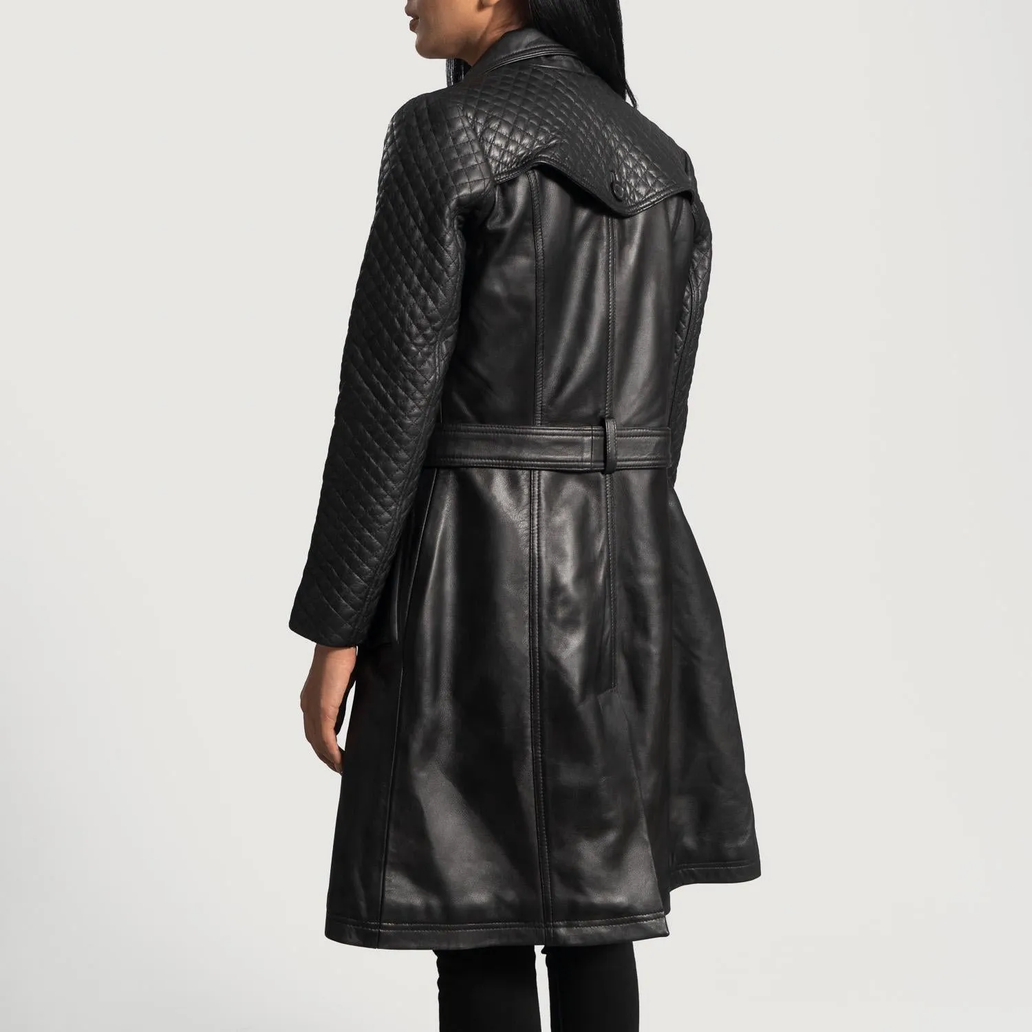 Women’s Sheep Leather Quilted Black Trench Coat, Handmade Double Breasted Long Outerwear Coat, Vintage Belted Leather Coat for Ladies