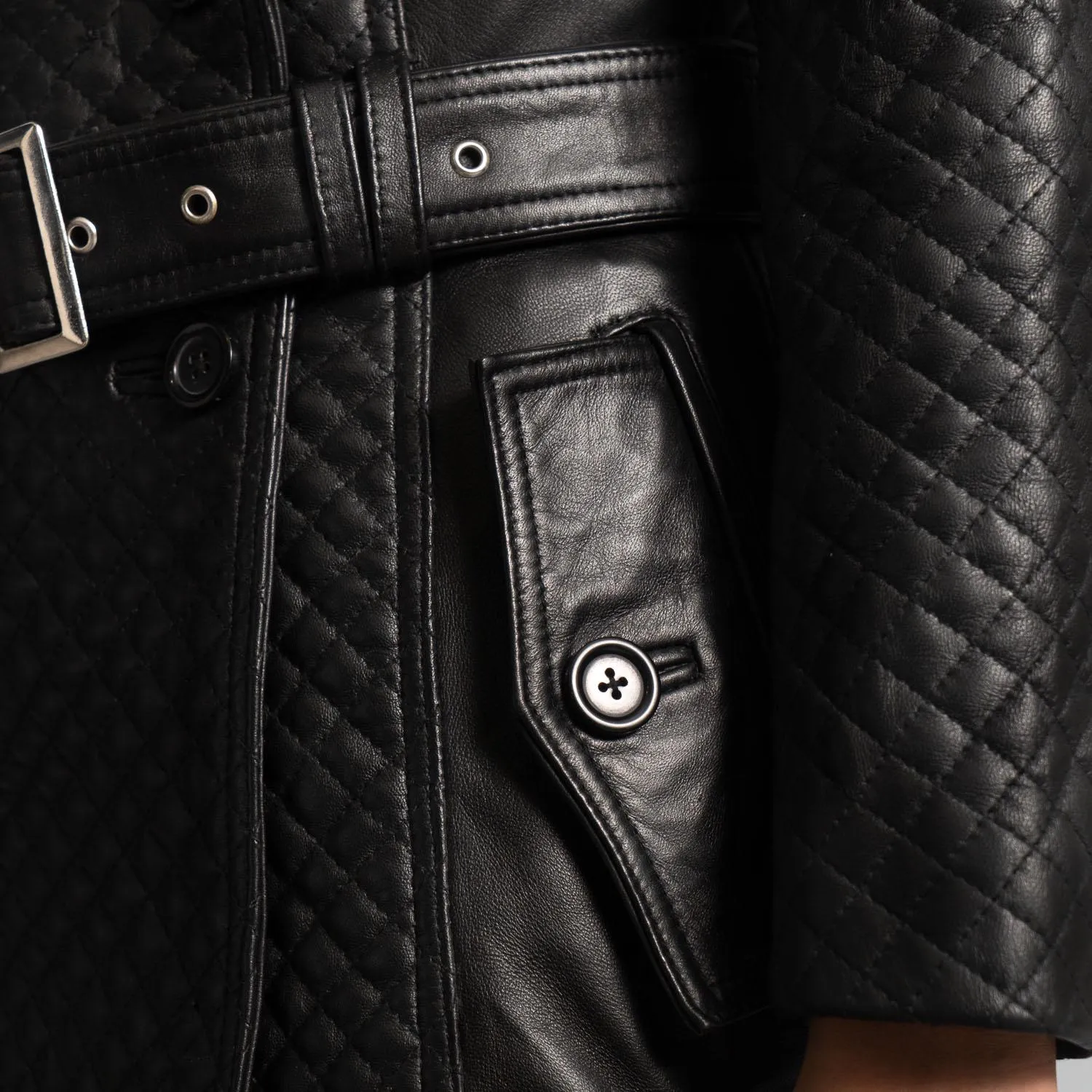 Women’s Sheep Leather Quilted Black Trench Coat, Handmade Double Breasted Long Outerwear Coat, Vintage Belted Leather Coat for Ladies