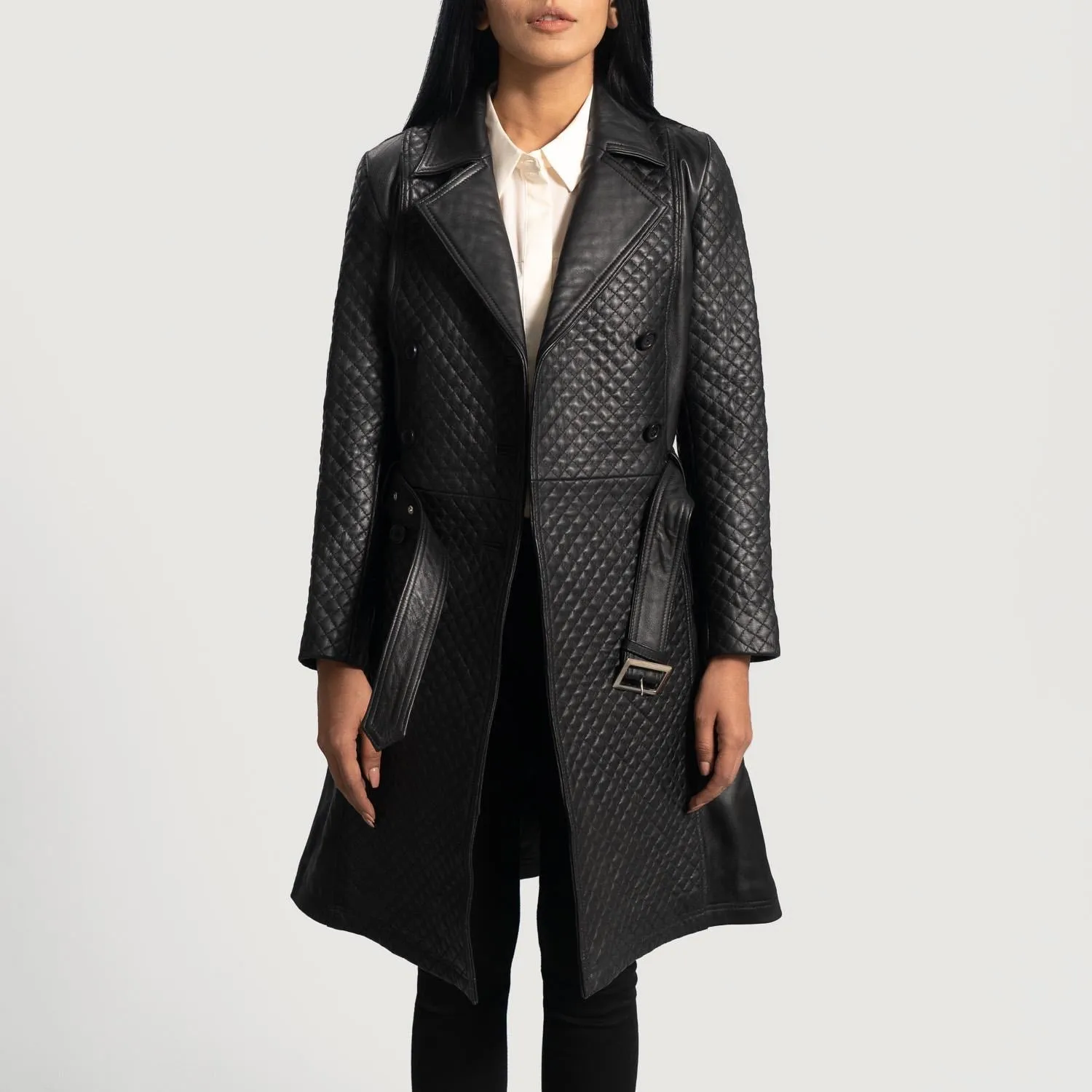 Women’s Sheep Leather Quilted Black Trench Coat, Handmade Double Breasted Long Outerwear Coat, Vintage Belted Leather Coat for Ladies