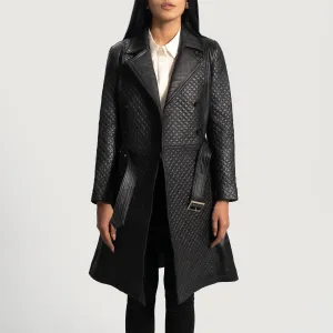 Women’s Sheep Leather Quilted Black Trench Coat, Handmade Double Breasted Long Outerwear Coat, Vintage Belted Leather Coat for Ladies