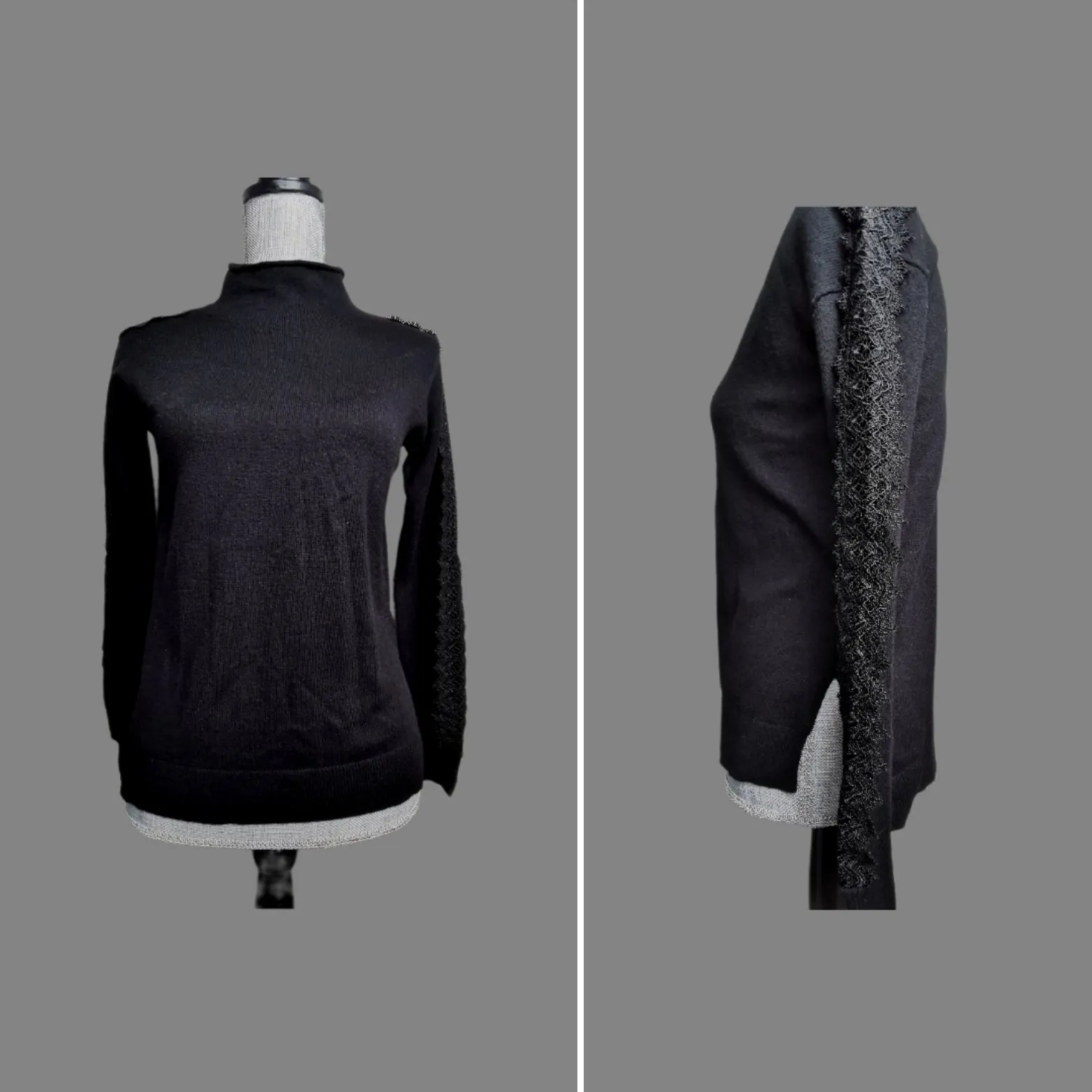 WOMENS SIZE XS - NANETTE LEPORE - Black Lace & Wool Blend Mock Neck Sweater EUC B6