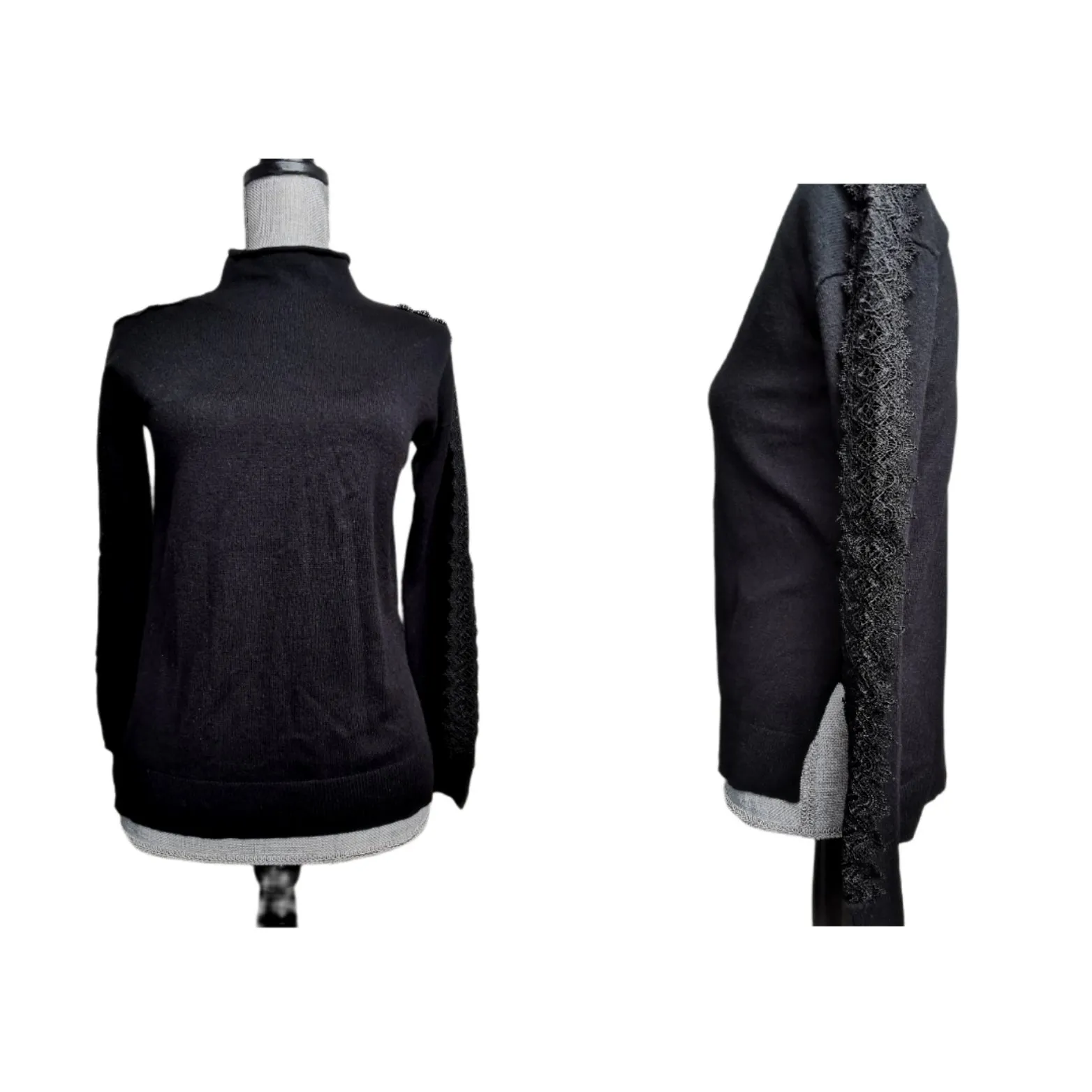 WOMENS SIZE XS - NANETTE LEPORE - Black Lace & Wool Blend Mock Neck Sweater EUC B6
