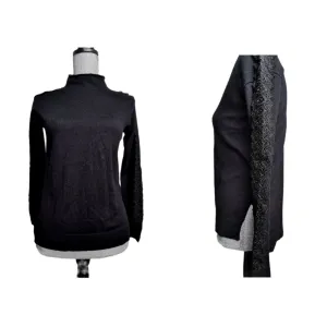 WOMENS SIZE XS - NANETTE LEPORE - Black Lace & Wool Blend Mock Neck Sweater EUC B6