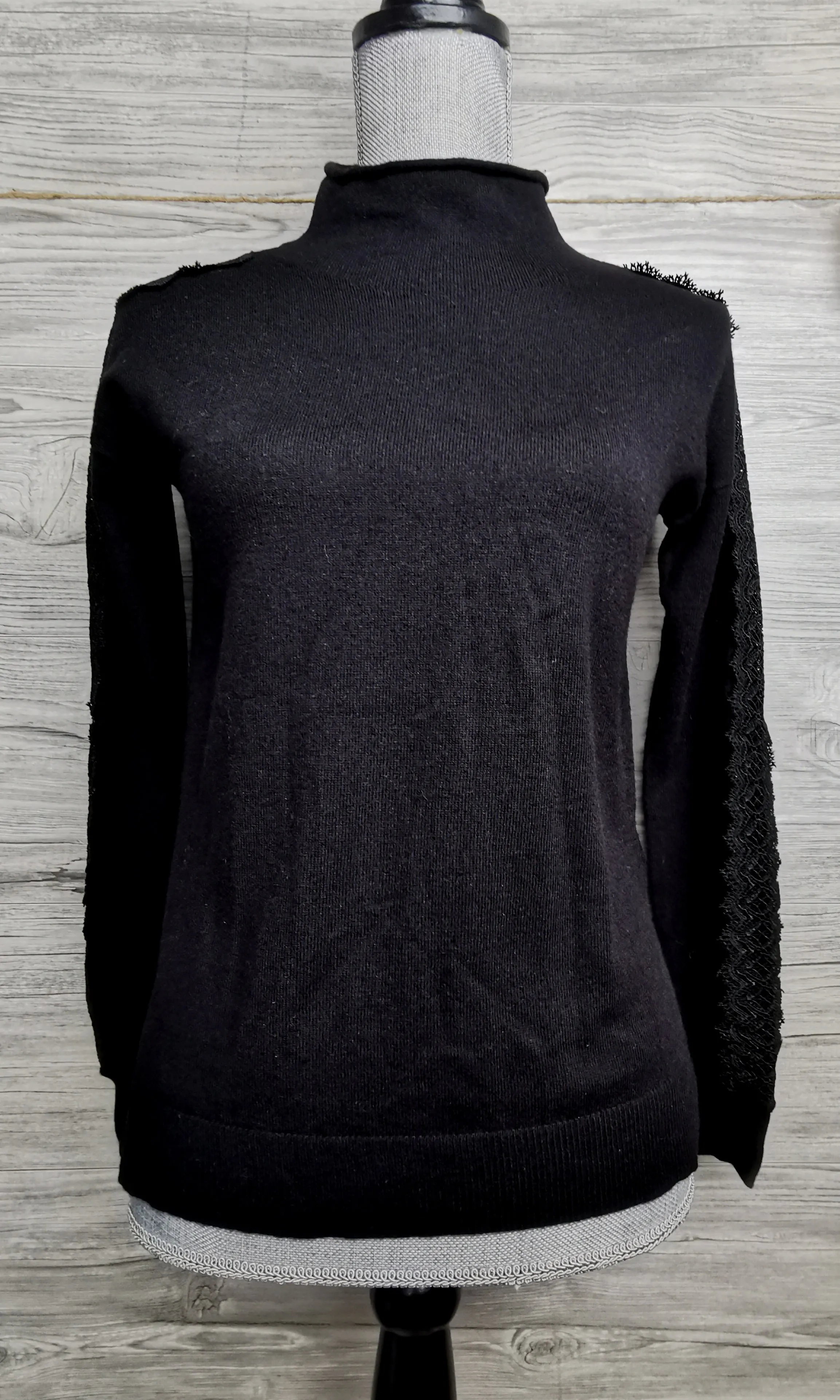 WOMENS SIZE XS - NANETTE LEPORE - Black Lace & Wool Blend Mock Neck Sweater EUC B6