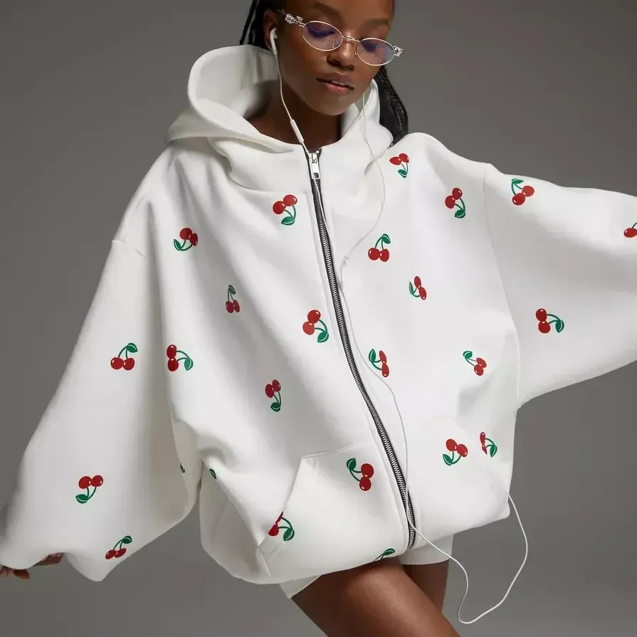 Women's White Cherry Print Jacket - Kyra