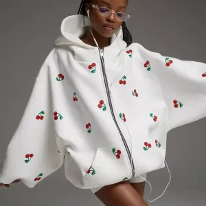 Women's White Cherry Print Jacket - Kyra