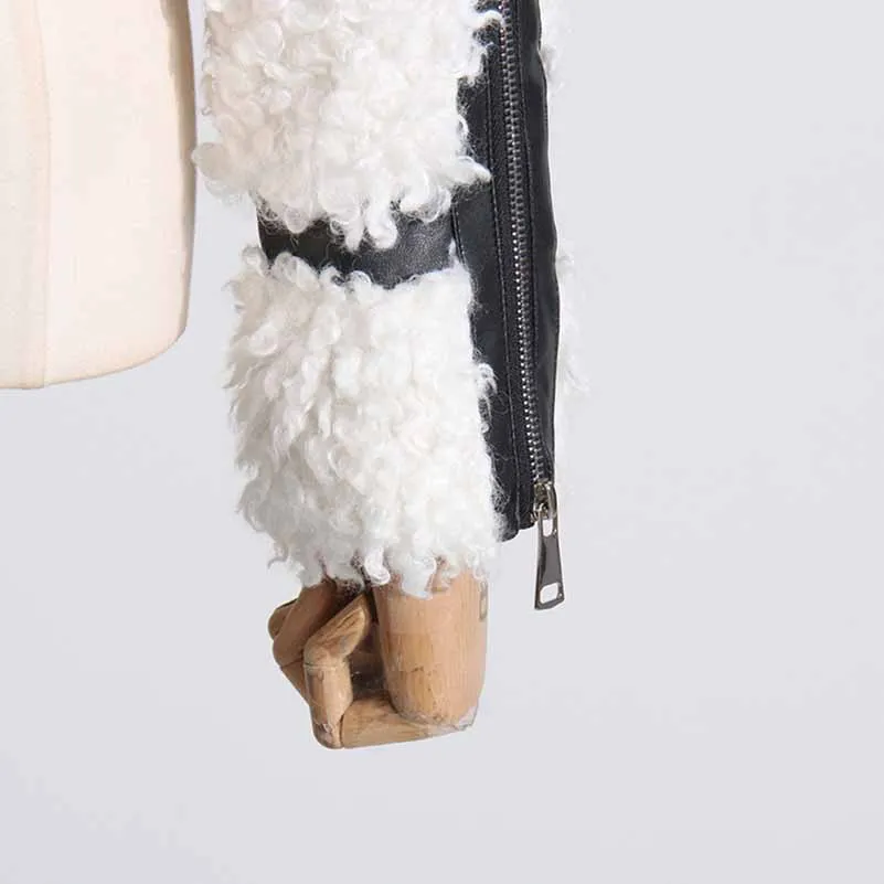 Women's Winter Coat Spliced PU Leather and Lambwoolen Outwaer Coat