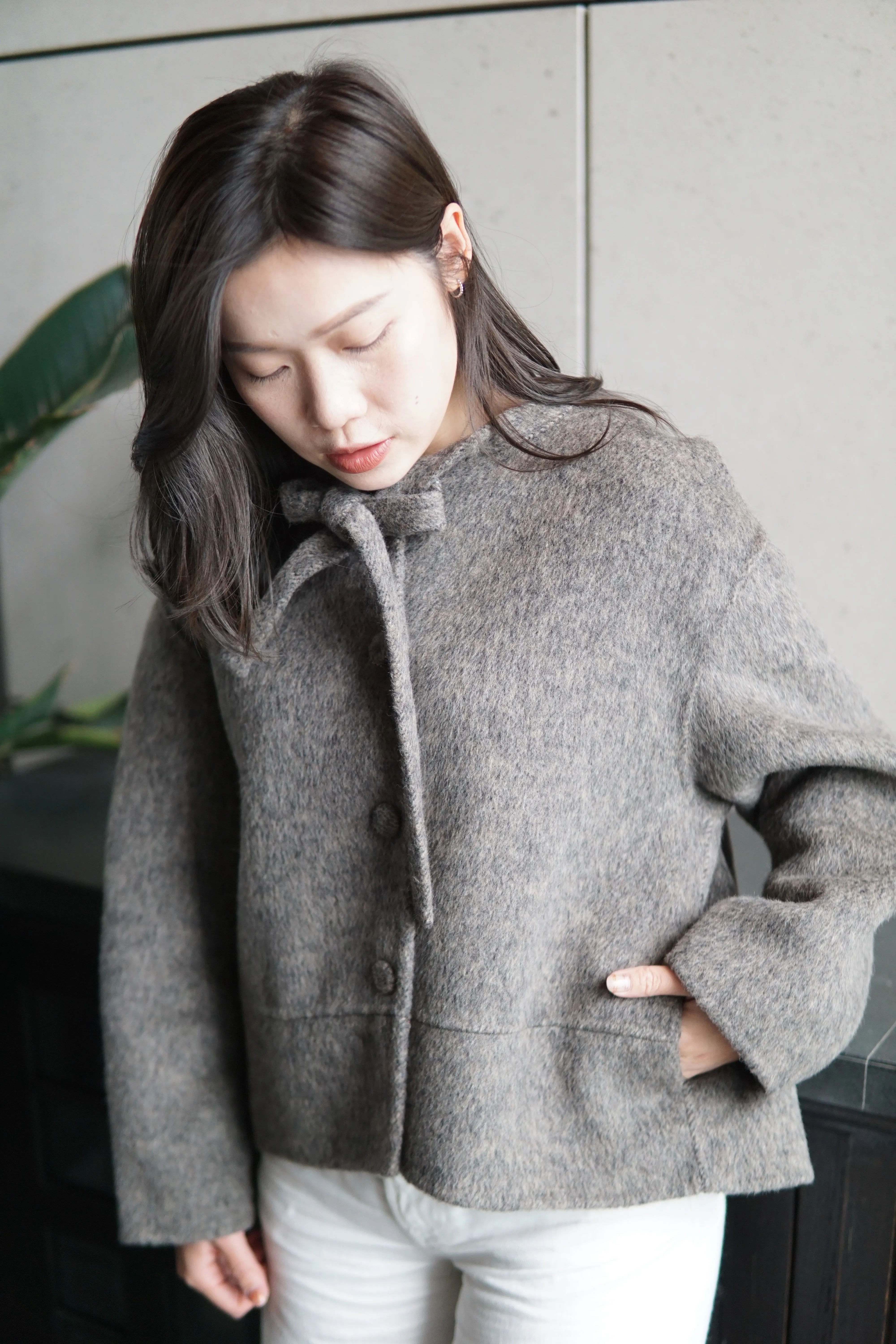 Wool Blend Short Coat With Ribbon