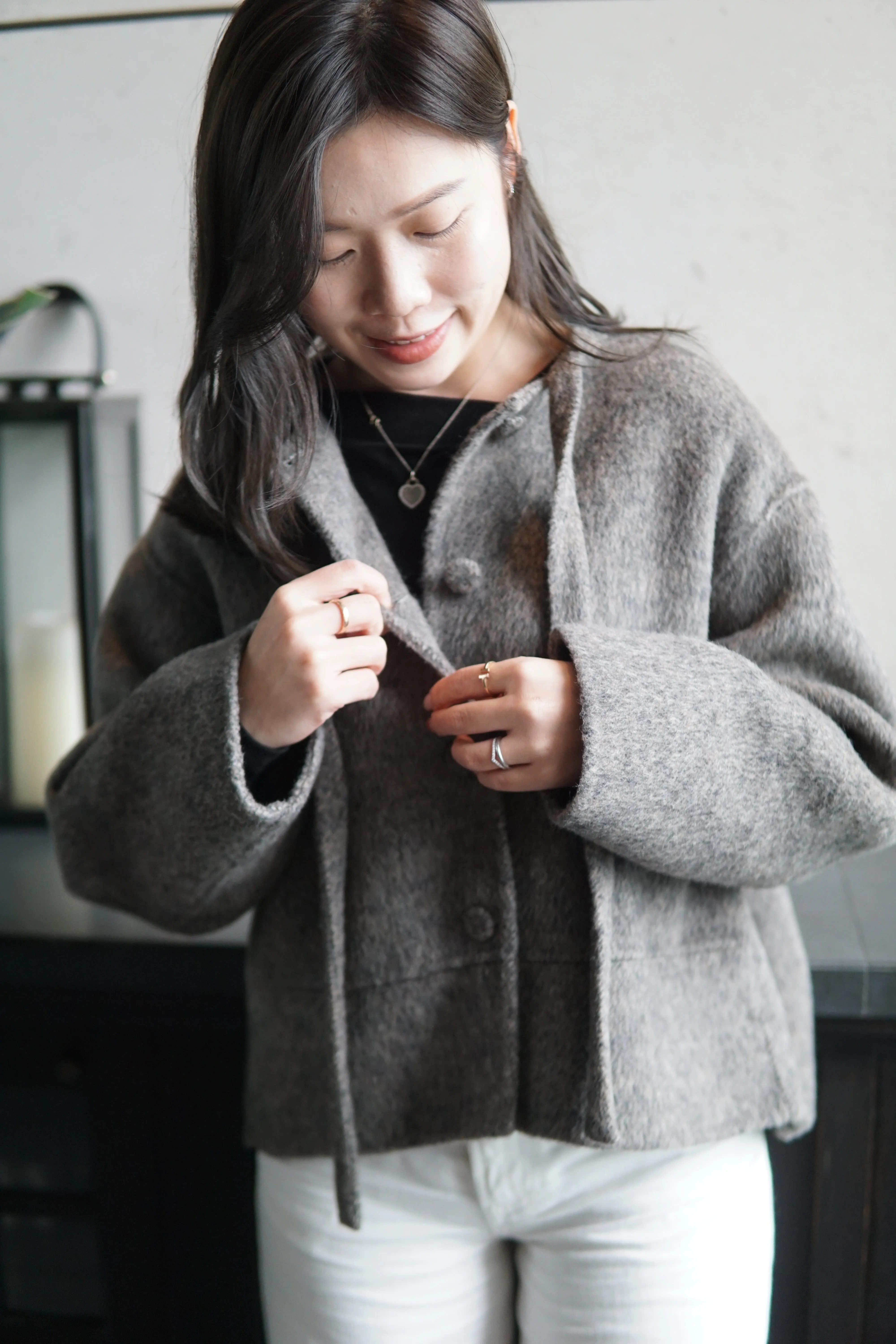 Wool Blend Short Coat With Ribbon