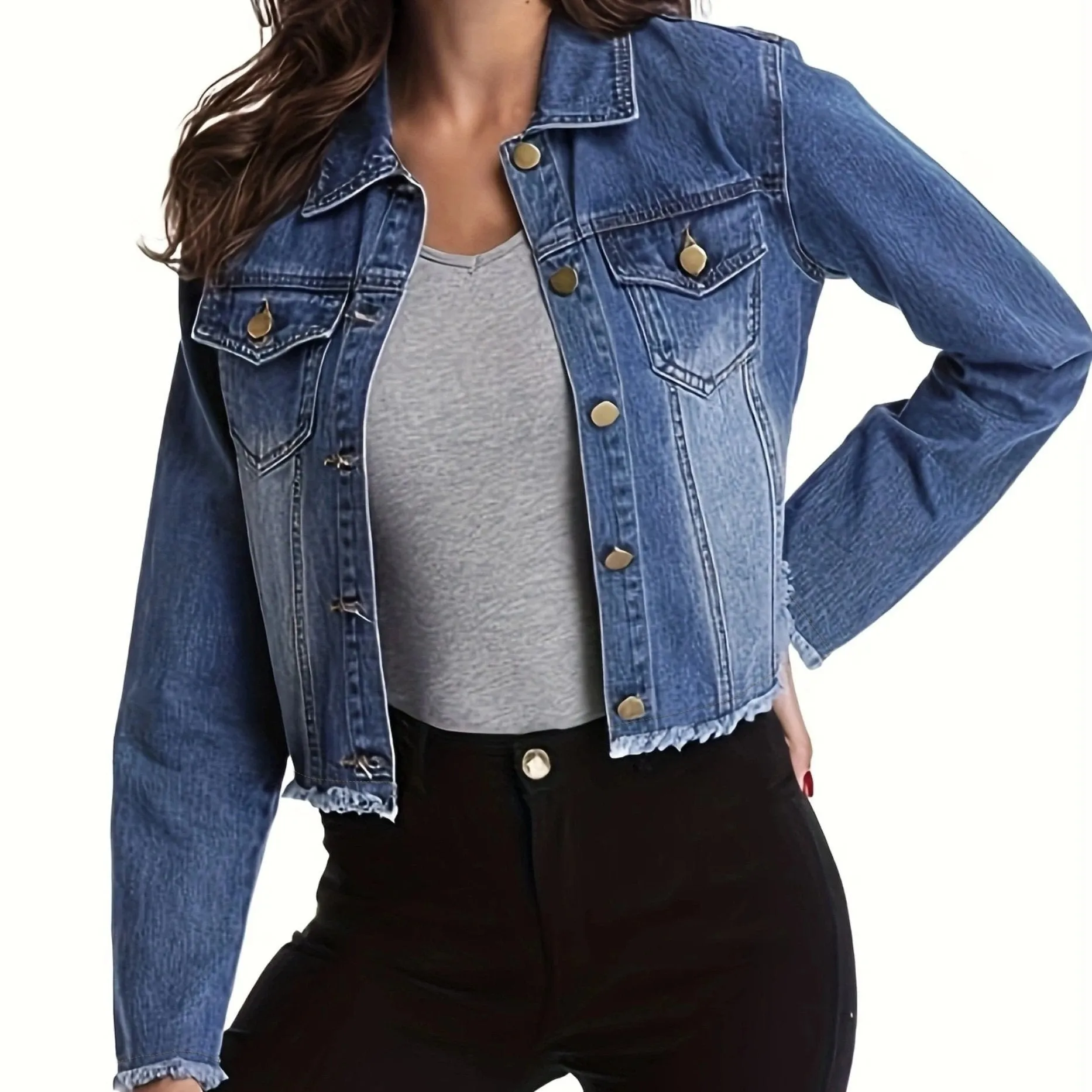 xieyinshe  Blue Frayed Hem Denim Jackets, Long Sleeves Flap Pockets Lapel Crop Denim Coats, Women's Denim Clothing