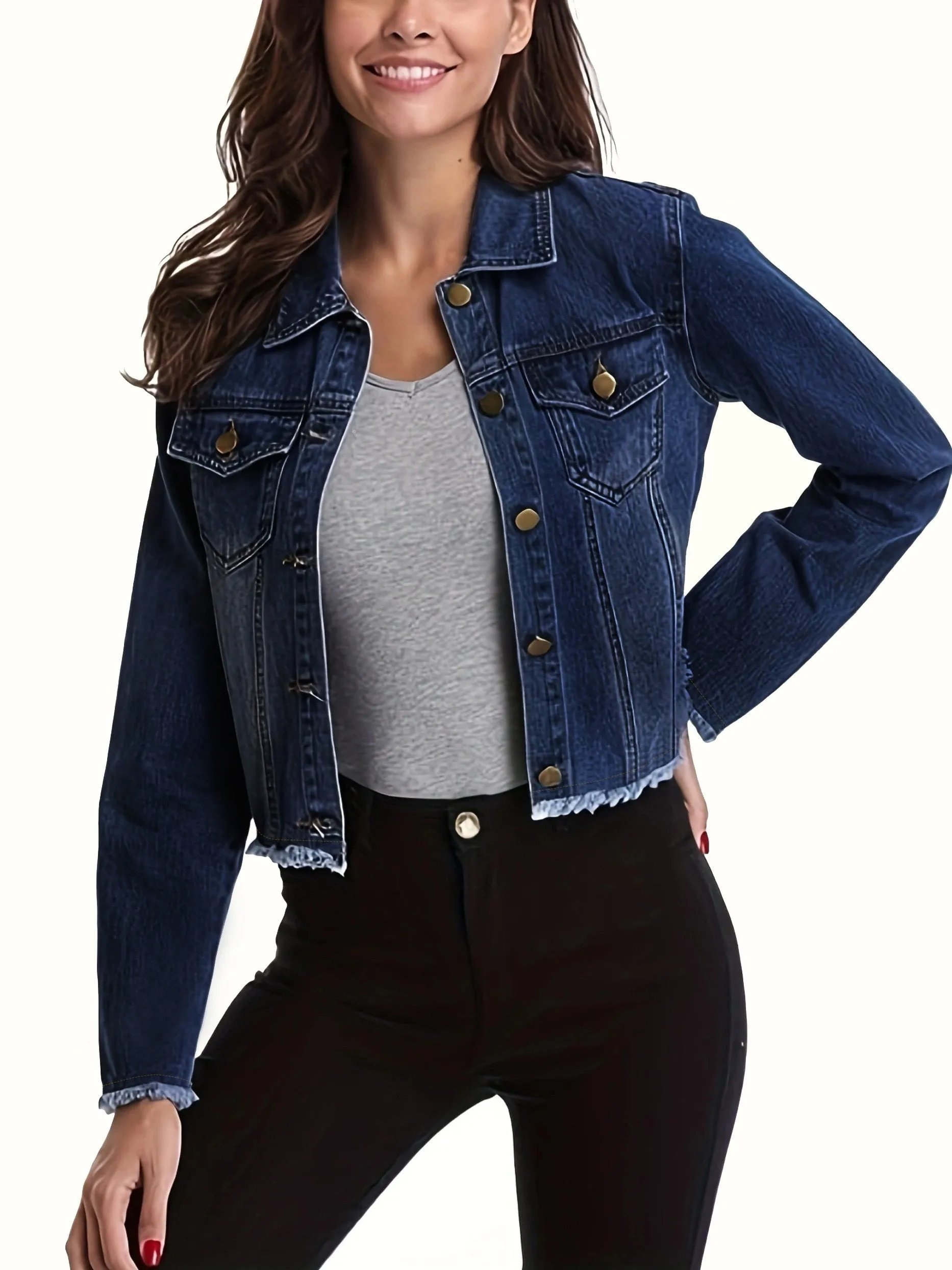 xieyinshe  Blue Frayed Hem Denim Jackets, Long Sleeves Flap Pockets Lapel Crop Denim Coats, Women's Denim Clothing