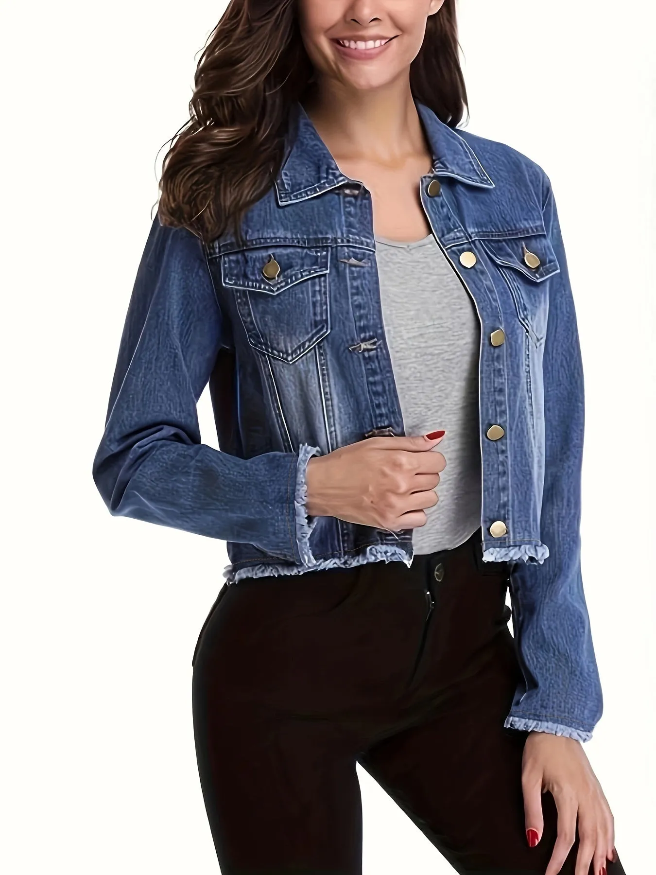 xieyinshe  Blue Frayed Hem Denim Jackets, Long Sleeves Flap Pockets Lapel Crop Denim Coats, Women's Denim Clothing