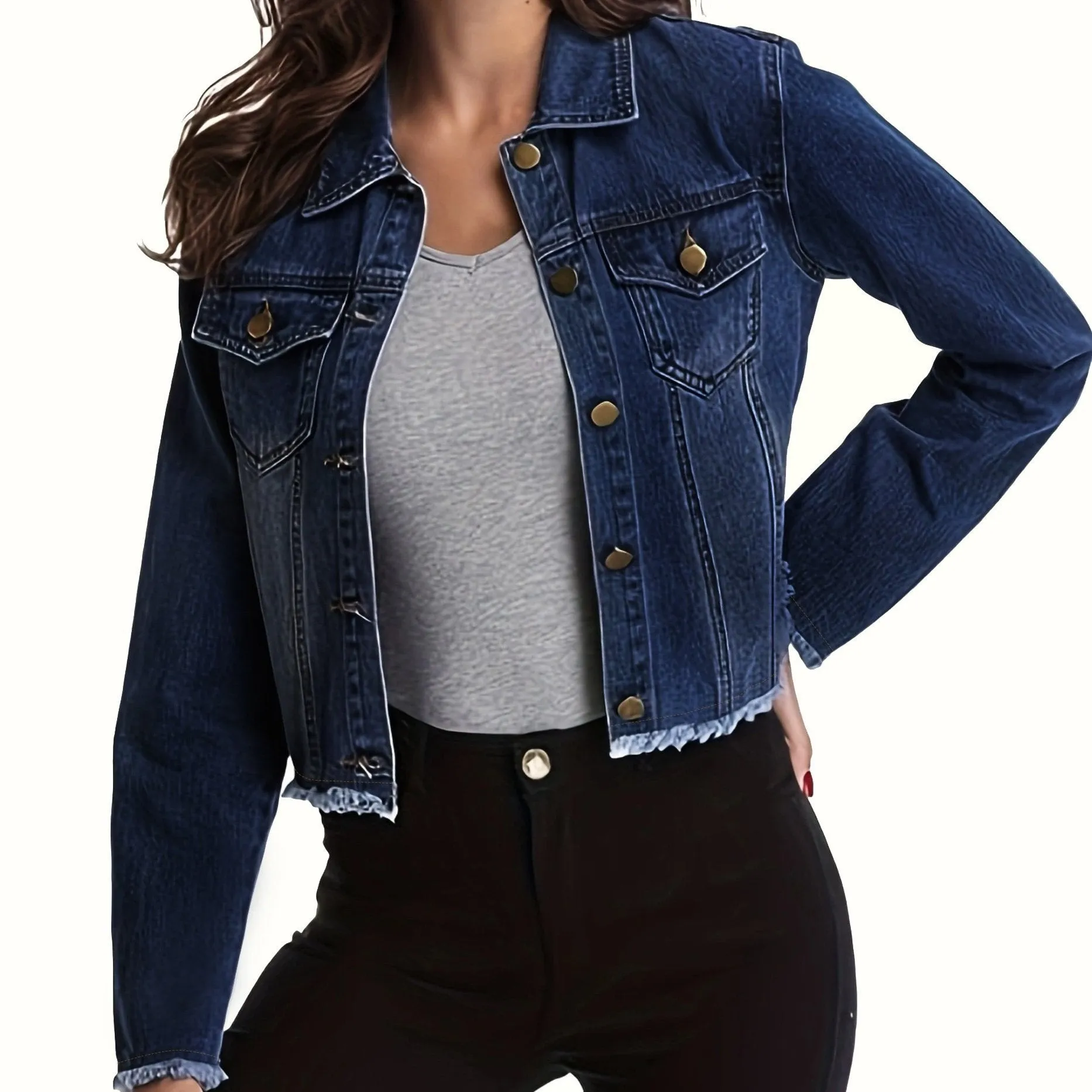 xieyinshe  Blue Frayed Hem Denim Jackets, Long Sleeves Flap Pockets Lapel Crop Denim Coats, Women's Denim Clothing