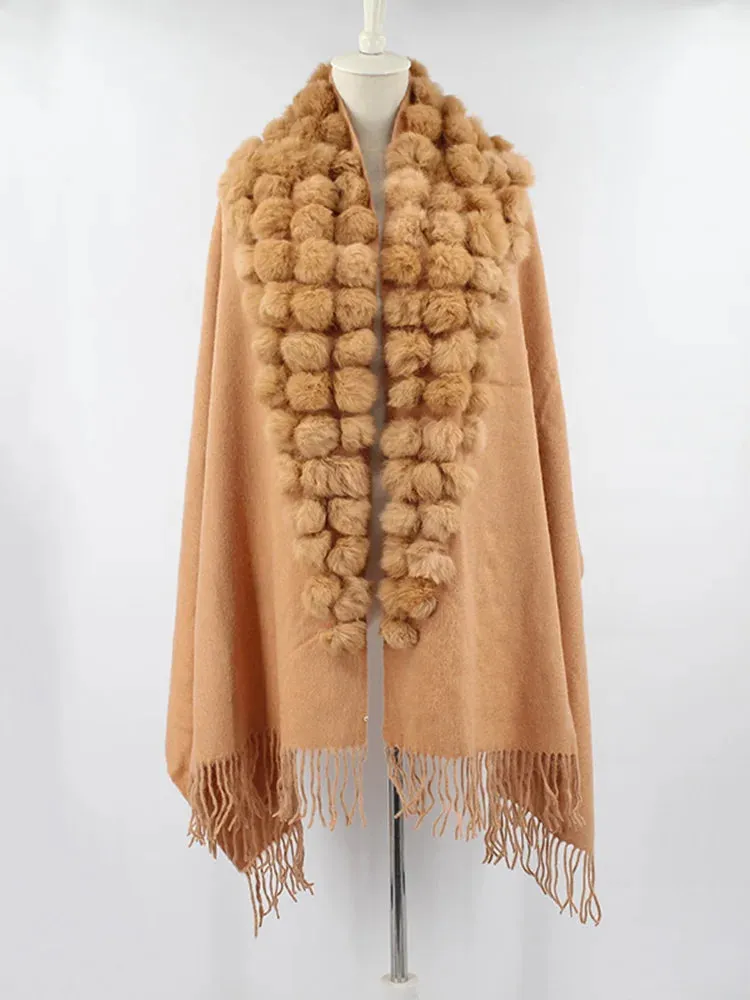 ZDFURS*Luxury Brand Scarf Women Winter Thick  Genuine Rabbit Fur Pompom Ball  Shawls and Women's Wool Cover Cashmere Pashmina