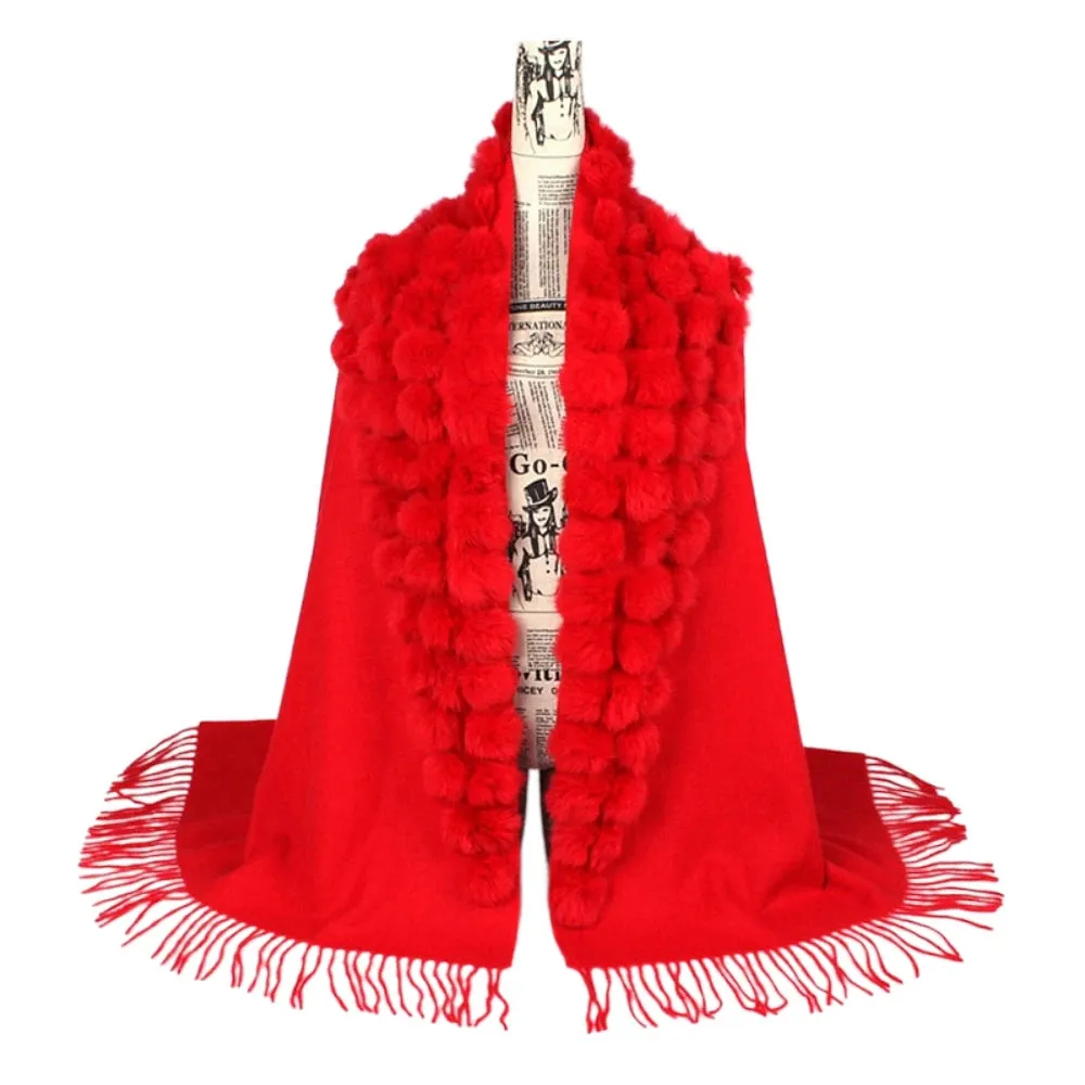 ZDFURS*Luxury Brand Scarf Women Winter Thick  Genuine Rabbit Fur Pompom Ball  Shawls and Women's Wool Cover Cashmere Pashmina